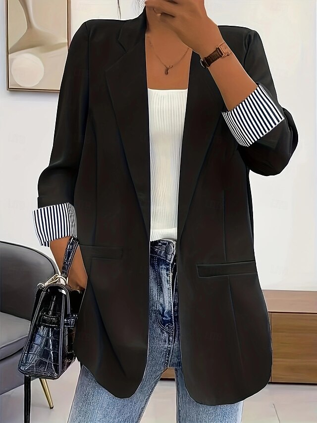 Women's Blazer Comfortable Breathable Pocket Fashion Modern Plain Work Daily Regular Turndown Regular Fit Long Sleeve Outerwear Black Fall Winter4