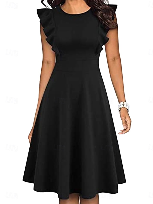  Femmes Robe Longueur Genou Robe à Volants Robe ajustée et évasée Élégant ancien Coupe régulière Uni Manche Courte Col ras du cou Noir Été Automne
