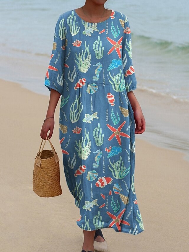 Women's Midi Dress Casual Dress Print Dress Fashion Modern Daily Beach Weekend Regular Fit Fish 3/4 Length Sleeve Crew Neck Yellow Red Blue Spring Fall Autumn4