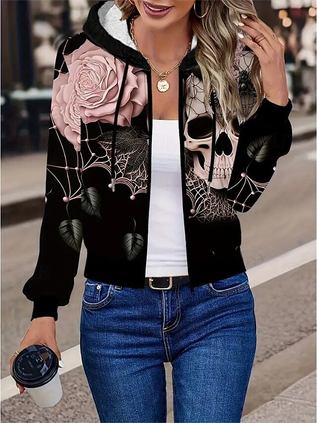 Halloween Women's Hooded Sweatshirt Jacket Long Sleeve Zip Up Hoodie With Pocket Lightweight Casual Micro-elastic Oversized Skulls Graphic Active Vintage Sports Zip Up Drawstring Black Spring Fall4