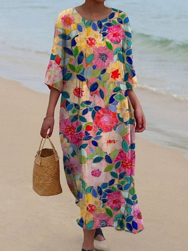  Femmes Robe Midi Robe Décontractée Robe Imprimée Mode Moderne Quotidien Plage Week-end Coupe régulière Fleuri Manche 3/4 Col ras du cou Bleu Vert Été Printemps Automne