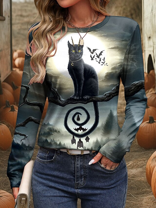 Sarah Richter Halloween Women's T shirt Black Cat Long Sleeve Crew Neck Long Sleeve Tunic Graphic Animal Cat Vintage Stylish Round Neck Regular Tops Daily Weekend Print Sage Green Fall Prefall4