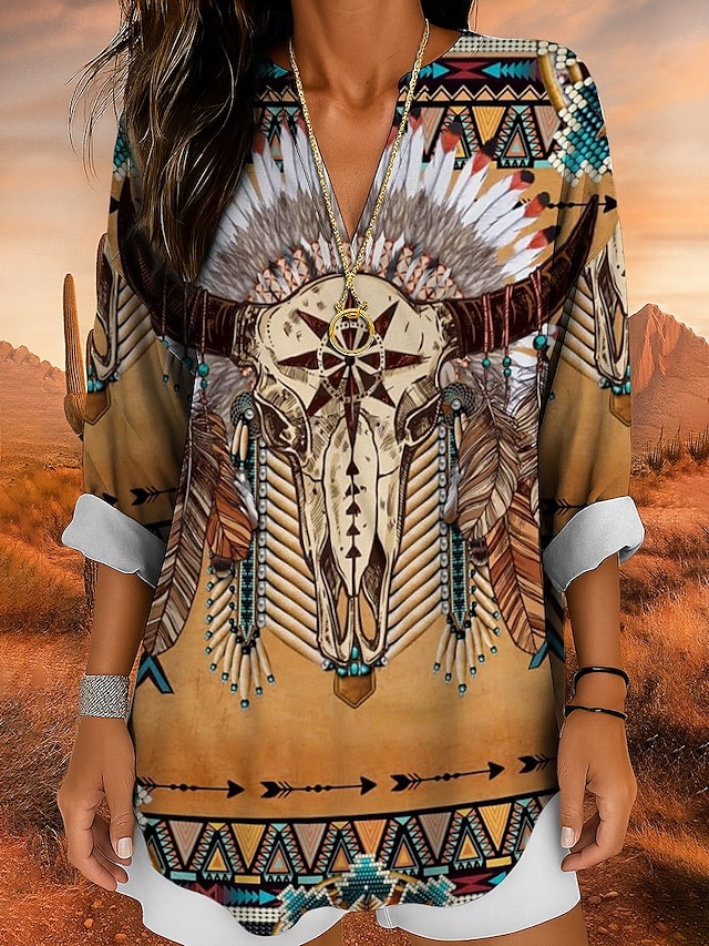  Damenshirt Langarm Tunika Tops Grafik Geometrisch Totenkopf Bohemia Vintage Tropisch V-Ausschnitt Regelmäßige Tops Täglicher Urlaub Strandmode Druck Gelb Rot Blau Lila Grün Sommer Frühling