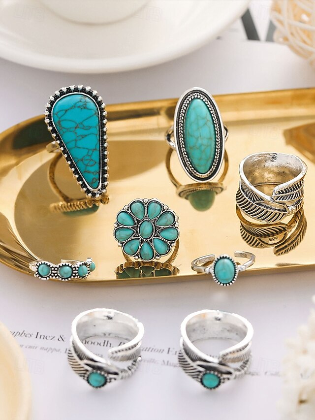  Conjunto de anillos bohemios de turquesa para mujer: anillos apilables vintage bañados en plata con detalles de piedras azules para fiestas, festivales y uso diario.