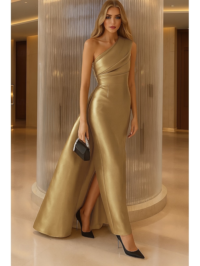 Sheath/Column V-Neck Satin Cocktail Dresses with Overskirt Sleeveless Tea-Length Ruched Formal Dresses