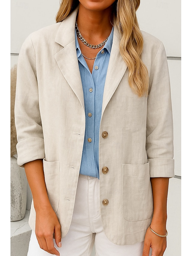  Femmes Blazer Confortable Respirant Avec Poches Boutons Occasionnel Uni Bureau Rue Occasionnel Tenue quotidienne Simple Boutonnage Régulier Col Rabattu Coupe Ample manche longue Vêtements d'extérieur
