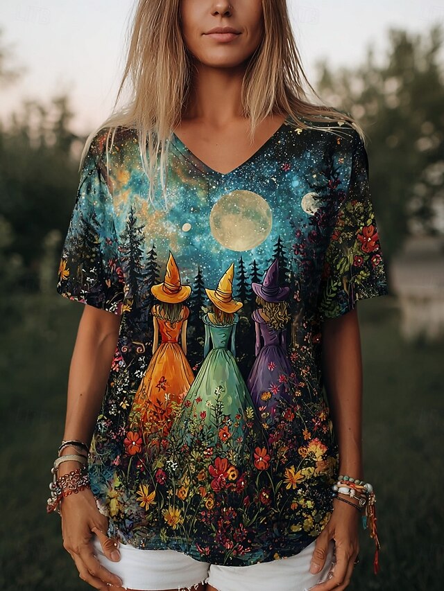 Halloween Women's T shirt Witch Floral Graphic Plants Stylish Casual Short Sleeve V Neck Regular Tops Daily Print Black Summer Spring4