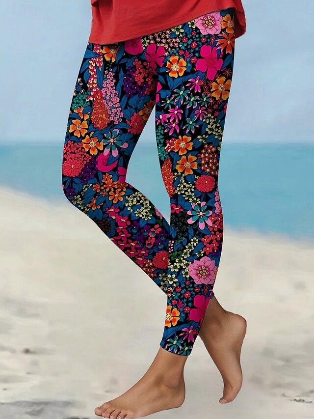 Women's Pants Trousers Leggings Cozy Leggings Streetwear Casual Full Length High Waist Floral Elastic Waist Print Breathability Comfortable Stretchy Vacation Street Daily Wear Navy Blue Summer Spring4