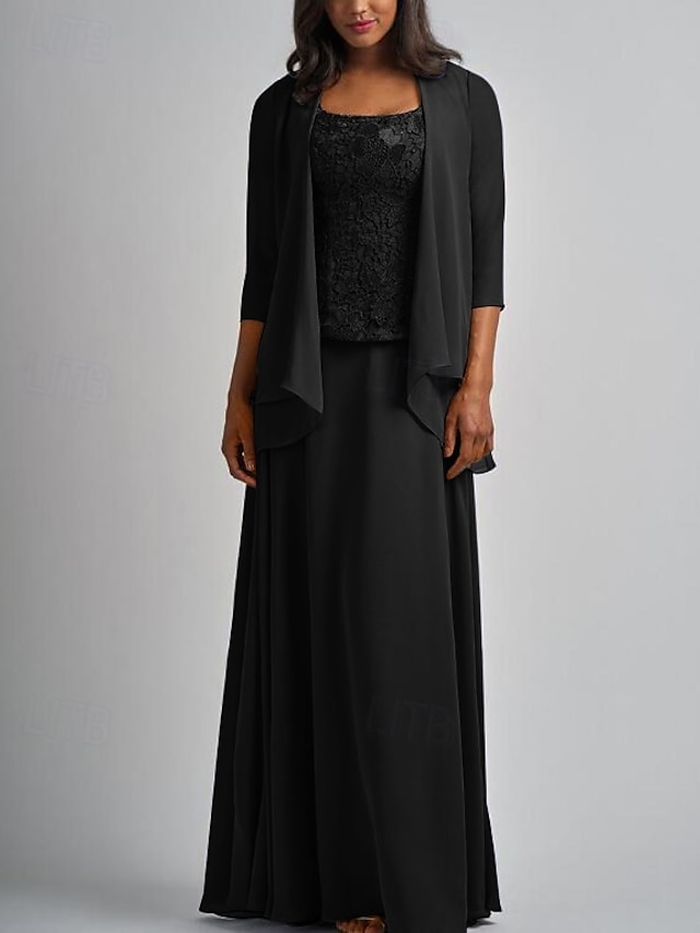  Abito a due pezzi a linea madre della sposa abito elegante avvolgente incluso scollo quadrato lunghezza del pavimento in chiffon con pizzo maniche 3/4 con applicazioni taglia personalizzata gratuita