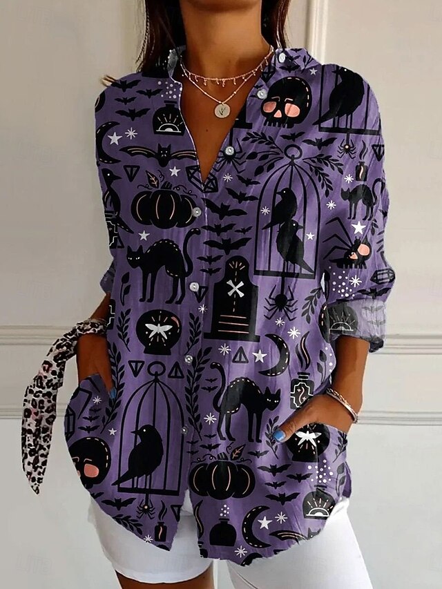 Halloween Women's Shirt Button Down Tunic Shirt Collar Long Sleeve Bat Graphic Skull Elegant Vintage Tropical Regular Tops Work Daily s Print Black White Purple Spring4