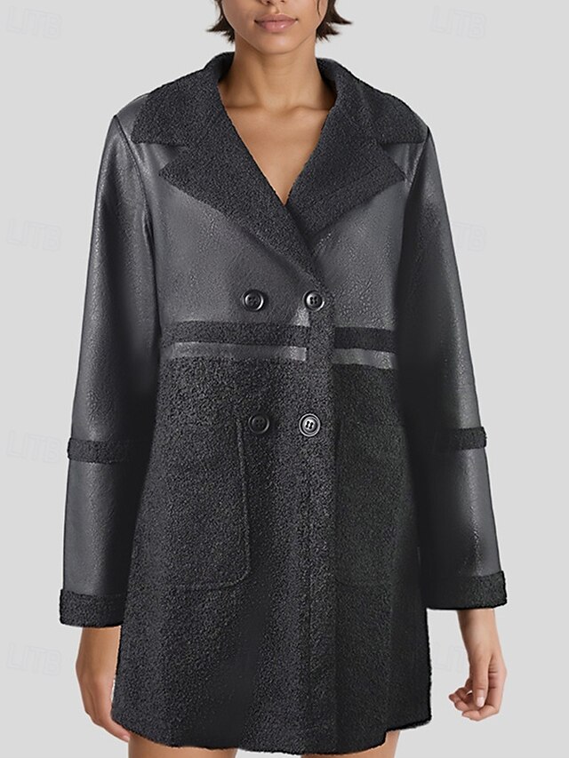  Damen Kunstlederjacke Winterjacke Warm Bequem Tasche Knöpfe Mode Modern Lässig Einfach Ausgehen Wochenende Einreihig Regulär Steigendes Revers Normale Passform Langarm Oberbekleidung Schwarz Winter