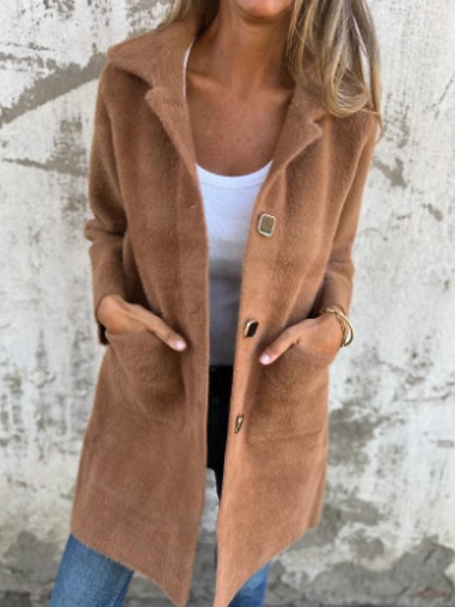  Femmes Manteau Chaud Confortable Avec Poches Boutons Mode Uni Sortir Week-end Simple Boutonnage Long Col Rabattu Coupe régulière manche longue Vêtements d'extérieur Rose Claire Bleu Chameau Automne