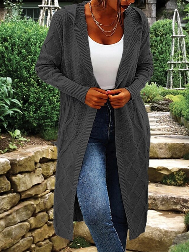  Damen Pullover Strickjacke Mode Streetwear Täglich Einfarbig Gerippt Mit Kapuze Gestrickt Langarm Lange Oberteile Stricken Ferien Ausgehen Wochenende Schwarz Wein Herbst Winter