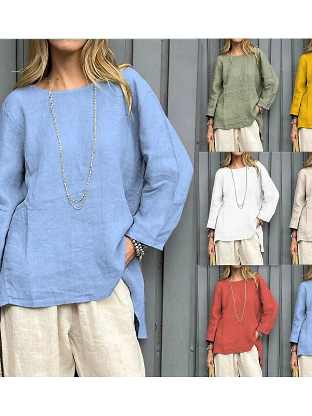  Damen Bluse Einfarbig Vintage Lässig Boho Langarm Rundhals Normale Oberteile Täglich Wochenende Patchwork Weiß Gelb Rote Himmelblau Khaki Frühling, Herbst, Winter, Sommer