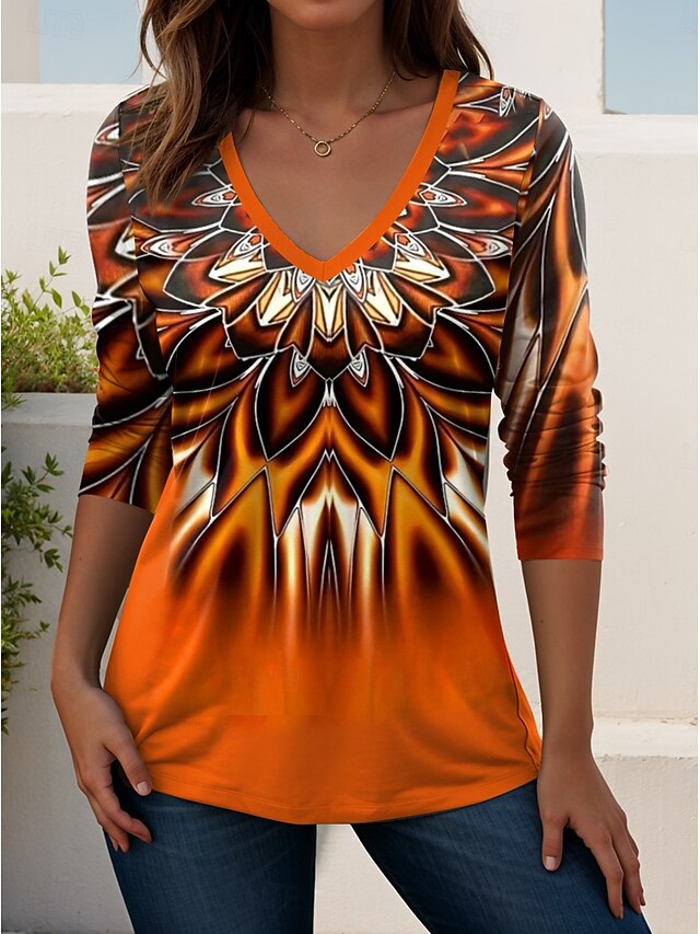  Femmes T-shirt A Ombre Fleuri Graphique Élégant ancien manche longue Col ras du cou Col en V Hauts Réguliers Quotidien Imprimé Noir Orange Été Printemps