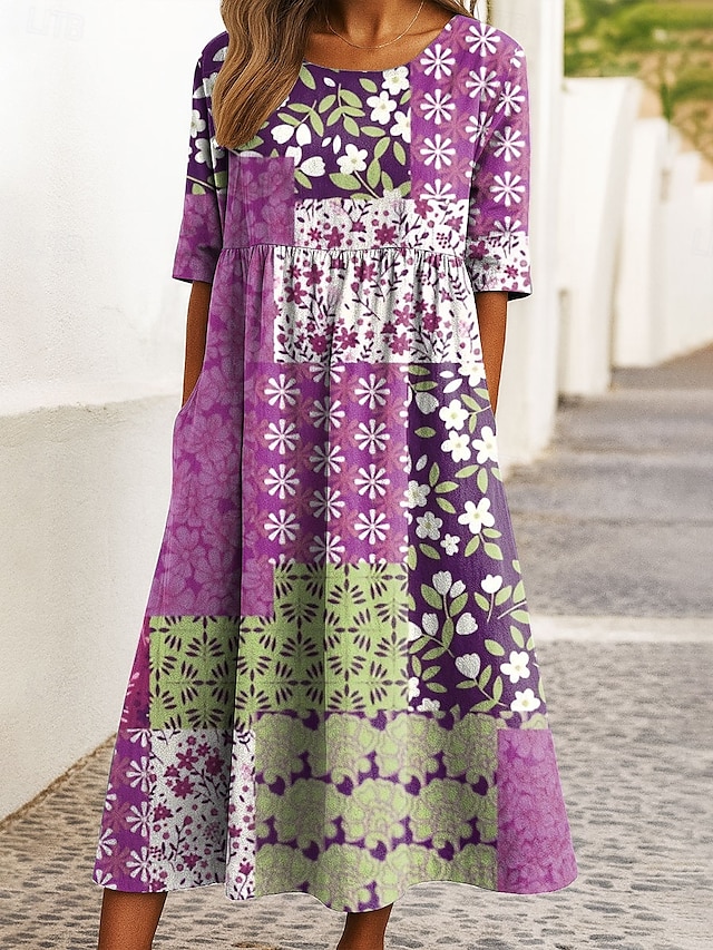  Damen Midikleid Freizeitkleid A Linie Kleid Sommerkleid Urlaub Lässig Ferien Normale Passform Blumen Grafik Geometrisch Halbarm Rundhalsausschnitt Schwarz Gelb Blau Purpur Sommer Frühling