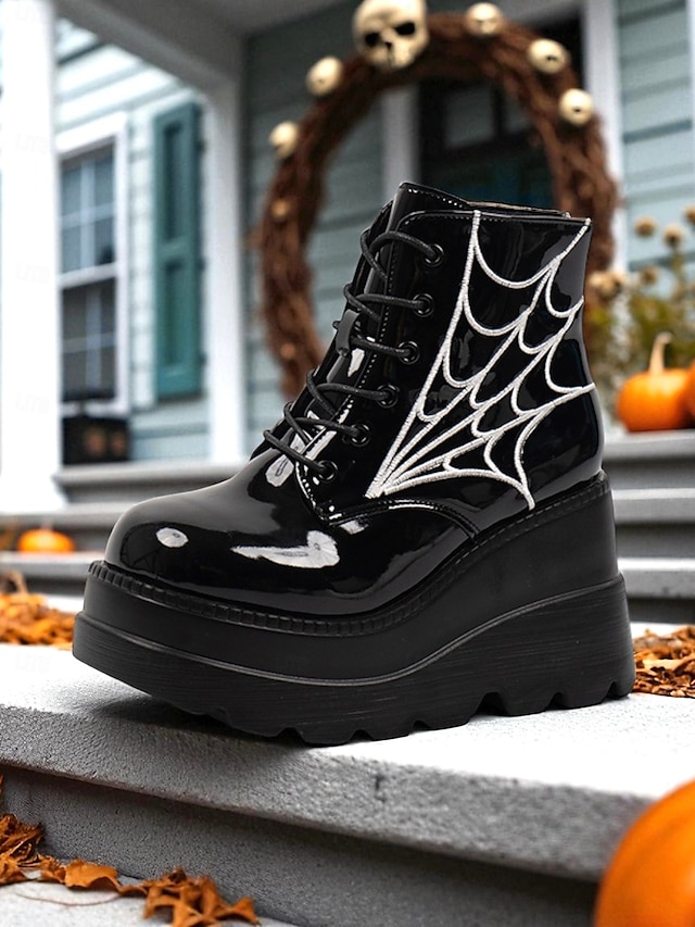  Women's Black Platform Boots with Spider Web Design - Chunky Lace-Up Ankle Boots for Halloween,  Cosplay, and Masquerade Balls, Punk and Gothic Style, Comfortable for All-Day Wear