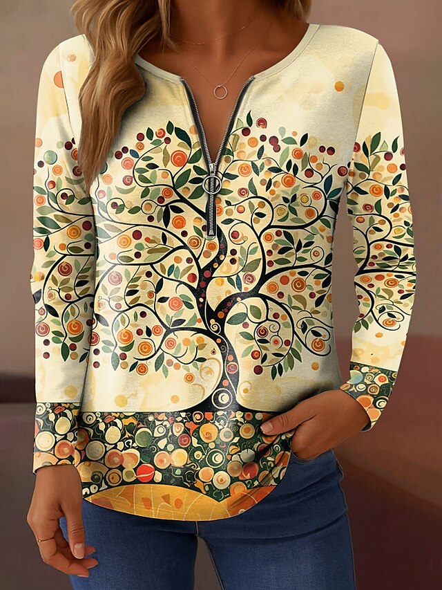  Femmes T-shirt Fleuri Graphique Élégant ancien Classique manche longue Col en V Hauts Réguliers Quotidien Week-end Fermeture éclair Imprimé Rose Claire Bleu Orange Vert Printemps Automne
