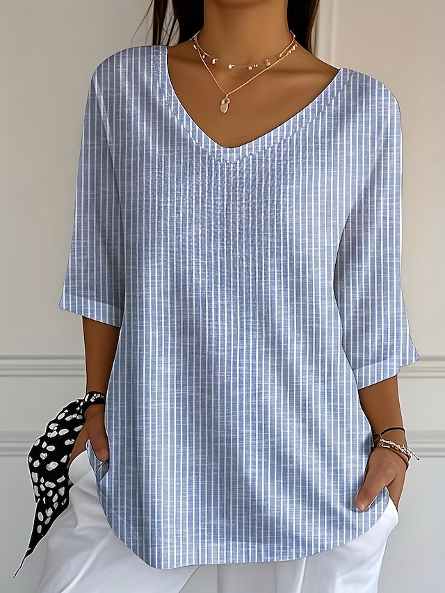  Damen Boho-Hemd Gestreift Lässig Boho Halbarm Normale Oberteile Blau Frühling, Herbst, Winter, Sommer