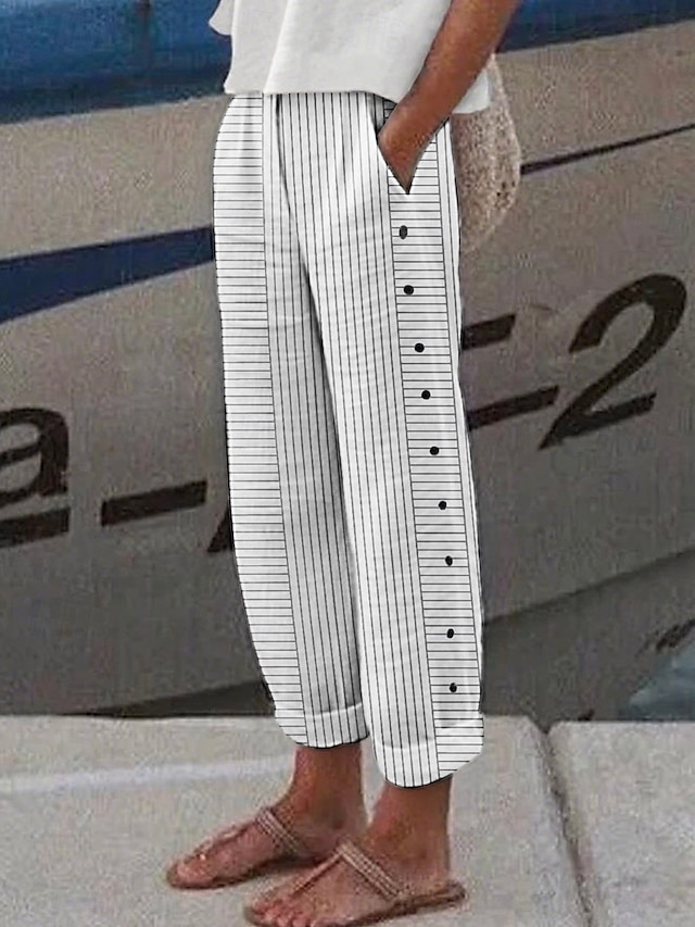  Women's Cotton Linen Pants Tapered pants Chinos Fashion Streetwear Full Length High Waist Striped Pocket Elastic Waistband Comfy Soft Comfortable Micro-elastic Outdoor Street rice white Black Pink