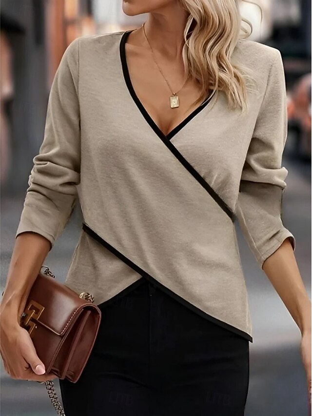 Women's Blouse Color Block Stylish Casual Long Sleeve V Neck Regular Tops Daily Criss Cross White Khaki Summer Spring Fall4