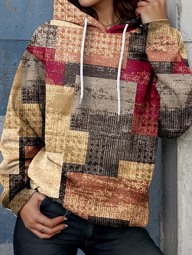  Felpa con Cappuccio da Donna Pullover Oversize a Maniche Lunghe Casual Grafica Geometrica Blocco di Colore Calda Attiva Cappuccio Normale Top Strada Abbigliamento Quotidiano Stampa Fucsia Primavera