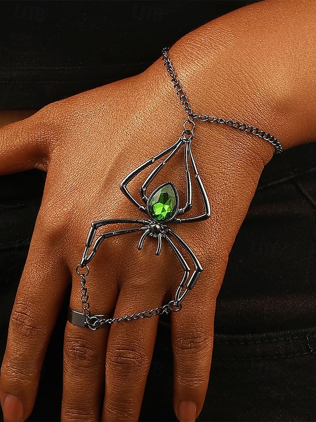  Women's Halloween Spider Hand Chain Bracelet with Green Gem – Gothic Alloy Jewelry for Costume Parties, Cosplay & Spooky Events