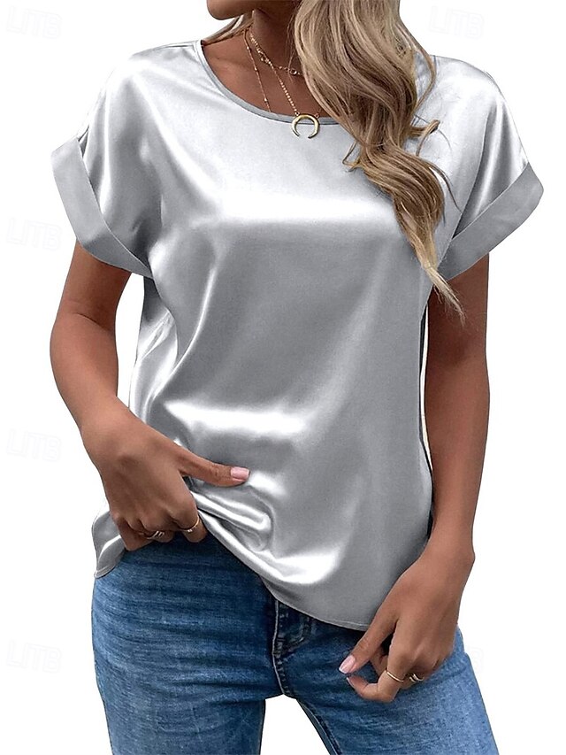  Femmes T-shirt Uni Mode Moderne Manche Courte Col ras du cou Hauts Réguliers Quotidien Sortir Week-end Vert Claire Vert foncé Violet Gris Clair Été