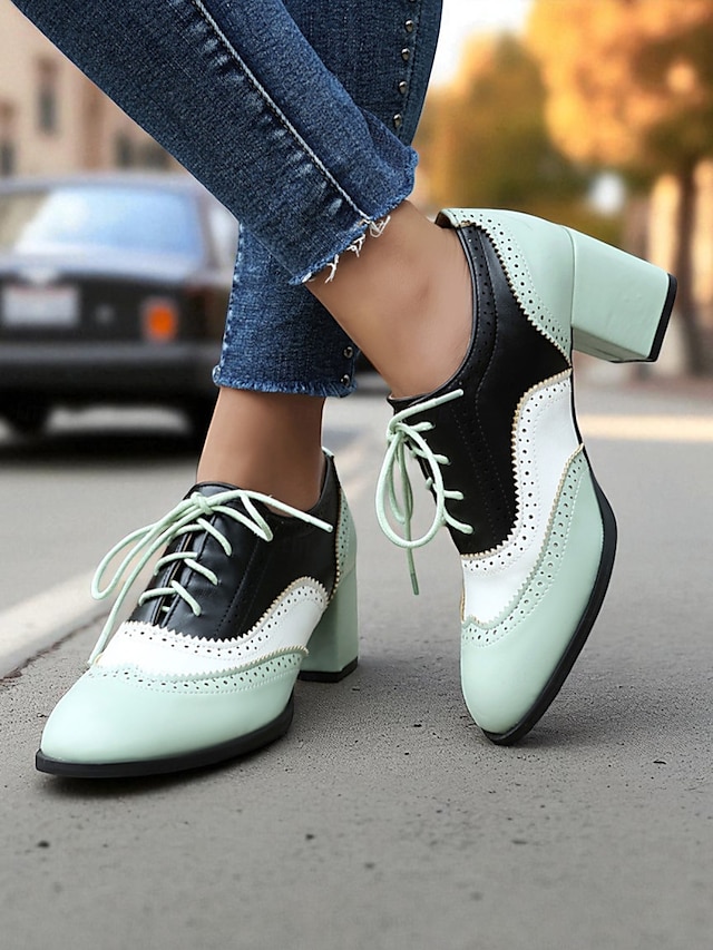  Zweifarbige Oxford-Schuhe mit Blockabsatz für Damen – Retro-Schnürschuhe in Mintgrün und Metallic für den Streetstyle im 50er-Jahre-Stil, Alltagsoutfits und legere Anlässe