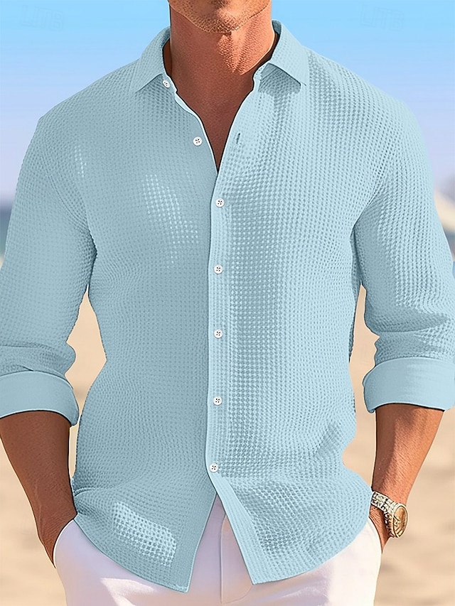 Men's Shirt Waffle Shirt Summer Shirt Casual Shirt Button Up Shirt Untucked Shirts Black White khaki Light Blue Long Sleeve Plain Lapel Vacation Daily Clothing Apparel Cotton Fashion Casual 10