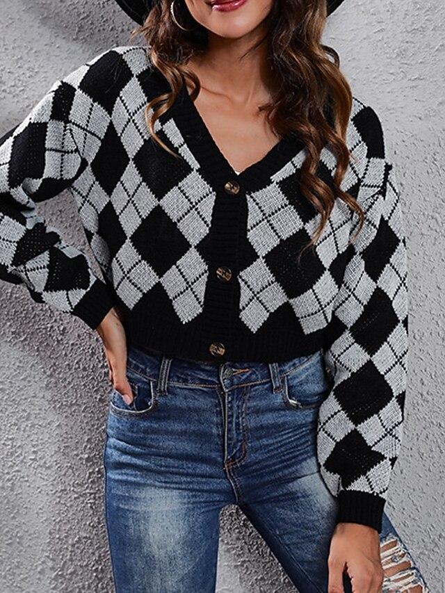  Damskie Sweter rozpinany Codzienny Kratka Masywny W serek Dzianiny Długi rękaw Crop Topy Robić na drutach Codzienny Święto Wyjściowe Rumiany róż Morelowy Jesień Zima