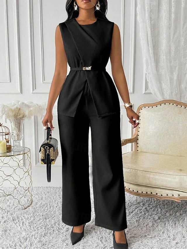  Dam Elegant Mode Byxuppsättningar Bolero Top Ärmlös Rund hals Ensfärgat Semester Ledigt / vardag Svart Vit Rubinrött Sommar Normal
