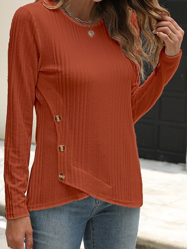  Femmes Chemisier Couleur Unie Élégant Occasionnel manche longue Col ras du cou Hauts Réguliers Quotidien Boutons Noir Blanche Bleu Violet Orange Été Printemps Automne