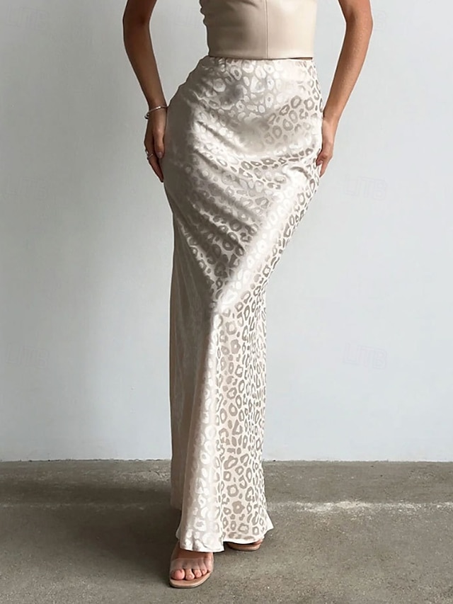  Dame الالتفاف Mote Maksi Mellomhøyt liv Skjørt Leopard Trykt mønster Mikroelastisk Feriereise Gate Beige Sommer Polyester