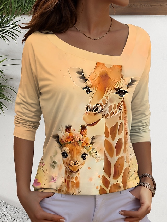  Damskie Podkoszulek Graficzny Zwierzę Zabytkowe Codzienny Długi rękaw Asymetryczna szyja Zwykłe topy Codzienny Nadruk Biały Żółty Pomarańczowy Khaki Lato Wiosna Jesień