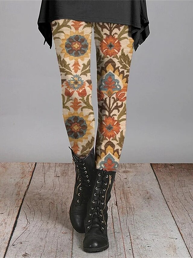 Women's Pants Trousers Leggings Cozy Leggings Streetwear Casual Full Length High Waist Flower Elastic Waist Print Breathability Comfortable Stretchy Vacation Street Daily Wear Orange Spring Fall4