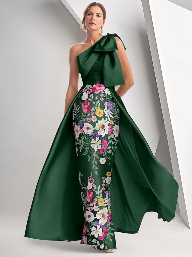  Blå Blomsterbrodert A-Linje Kveldsdrakt Elegant Kjole Formell Bryllup Gulvlengde Uten Ermer Én Skulder Sateng med Sløyfe(r) Slitt