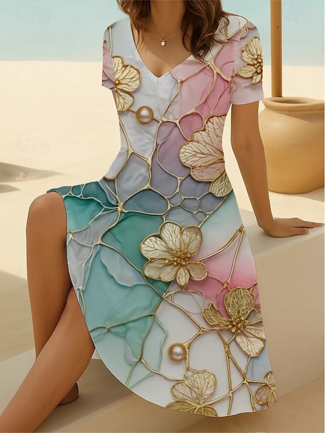  Femmes Mini Robe Robe T-Shirt Robe d'Été Robe trapèze Vacances Occasionnel Boho Sortir Plage Coupe régulière Fleuri Graphique Manche Courte Col en V Noir Vert Claire Bleu Bleu Ciel Été Printemps