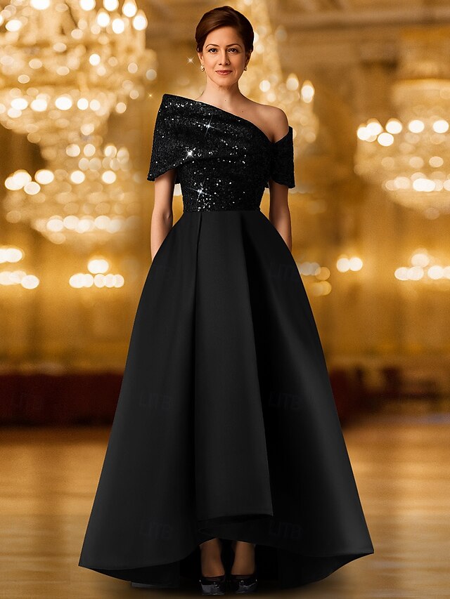  Robe de soirée trapèze à paillettes et cravate noire, élégante, longueur au sol, manches courtes, une épaule, poche, satin extensible avec châle pailleté, 2025