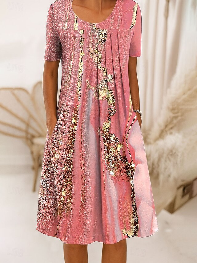  Damen Midikleid Shiftkleid A Linie Kleid Sommerkleid Elegant Urlaub Lässig Normale Passform Grafik Marmor Kurzarm Rundhalsausschnitt Rosa Blau Grün Sommer Frühling