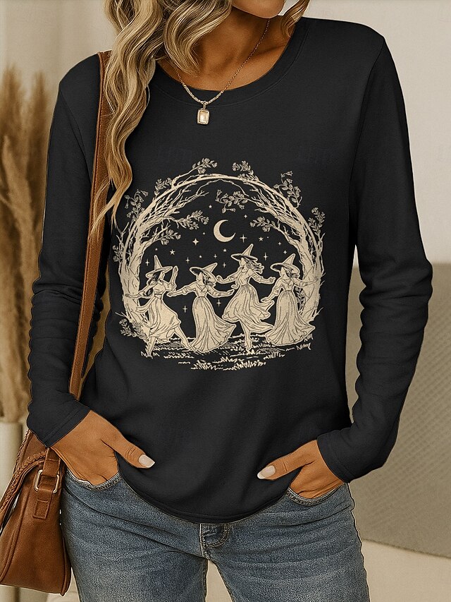  Halloween Femmes T-shirt Graphique Sorcière ancien Élégant Classique manche longue Col ras du cou Col rond Hauts Réguliers Quotidien Week-end Imprimé Noir Vin Bleu Violet Vert Printemps Automne