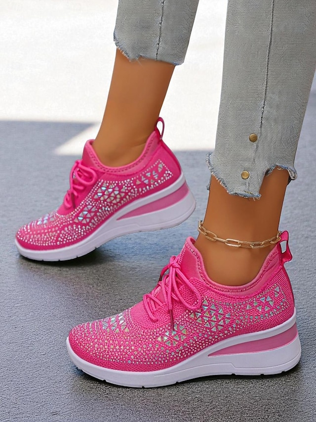  Baskets compensées Flyknit roses pour femmes avec détails en strass – Chaussures de sport légères et respirantes pour une tenue décontractée et la marche