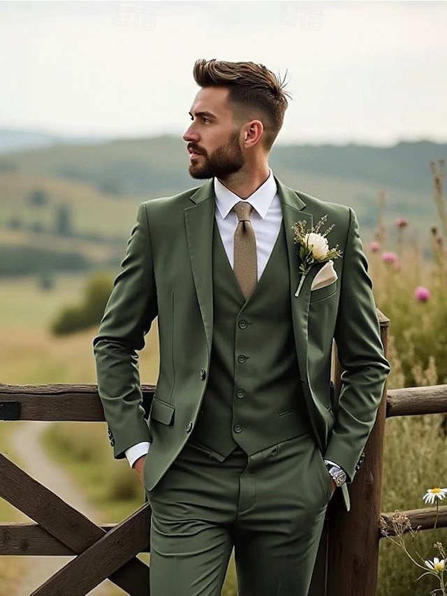  Pour des hommes Mariage Affaires Costumes Noir Vert Sauge Mode Formel Couleur Unie Coupe Standard 3 pièces Simple Boutonnage Deux Boutons