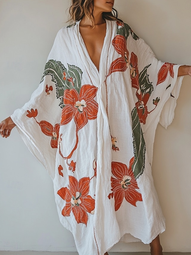  damska długa sukienka maxi sukienka boho sukienka na co dzień sukienka rozkloszowana sukienka letnia vintage wakacje codzienna plaża regularny krój kwiatowy długi rękaw dekolt w serek biały lato wiosna jesień