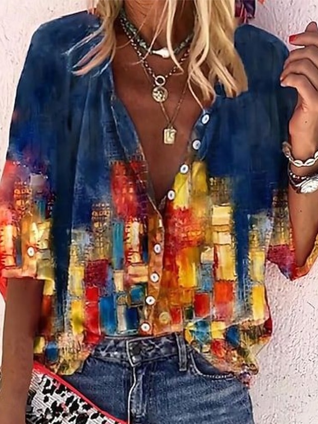  Dame Bluse Grafisk Geometrisk Fargeblokk Elegant Daglig Stilfull 3/4 ermer Halvlange ermer V-hals Høyhalset Vanlige topper Knapper Trykt mønster Marineblå Blå Fuksia Oransje Sommer Vår