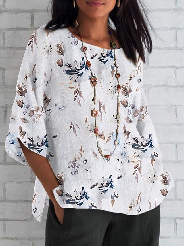Women's Shirt Floral Daily Casual 3/4 Length Sleeve Crew Neck Regular Tops Daily Holiday Print White Blue Green Summer Spring Fall4