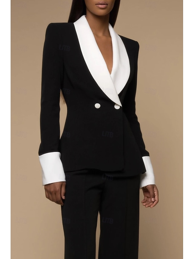  Black and White Women's Suits Top Mother of the Bride Blazer Elegant Shawl Lapel Neck Polyester Long Sleeve with Buttons Color Block 2025