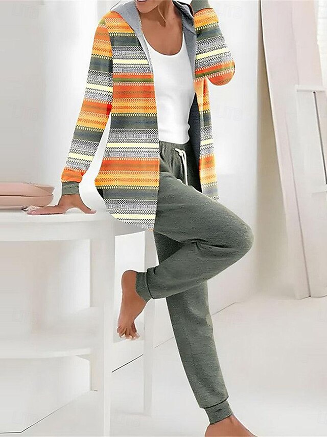 Women's 2 Pieces Hoodie Tracksuits Long Sleeve Daily Hooded Graphic Striped Leaves Zipper Drawstring Print Casual Yellow Pink Khaki Fall Regular Fit4