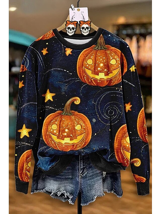 Halloween Women's Sweatshirts Pumpkin Graphic Skull Casual Long Sleeve Crew Neck Round Neck Regular Tops Street Dailywear Print Black Spring Fall Winter2