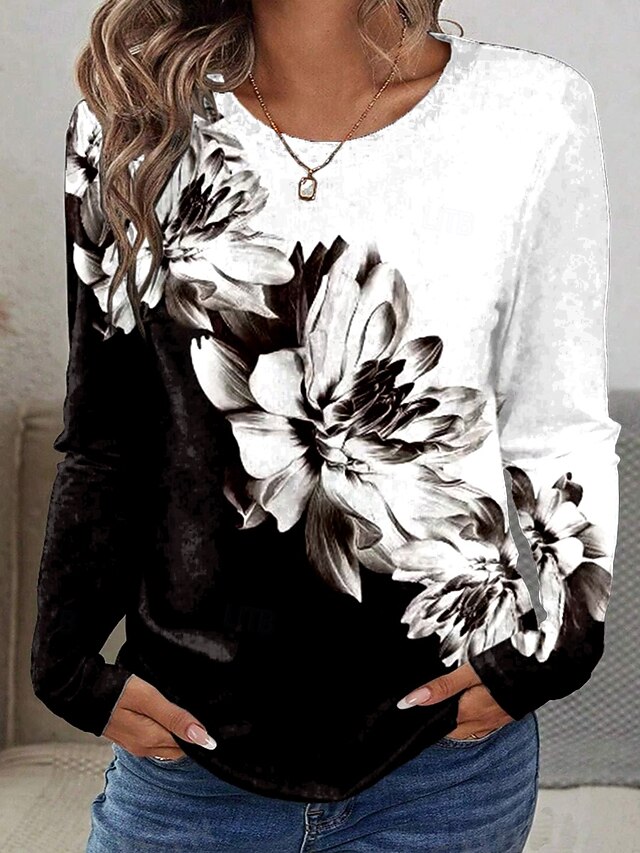 Women's T shirt Crew Neck Long Sleeve Tunic Floral Graphic Plants Vintage Stylish Classic  Round Neck Regular Tops Daily Print Black and White Fall4